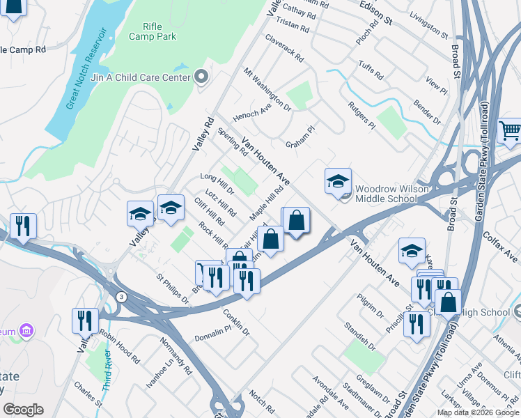 map of restaurants, bars, coffee shops, grocery stores, and more near 31 Maple Hill Road in Clifton