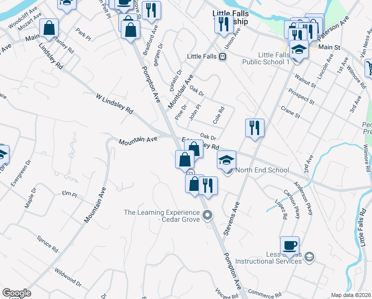 map of restaurants, bars, coffee shops, grocery stores, and more near 25 East Lindsley Road in Cedar Grove
