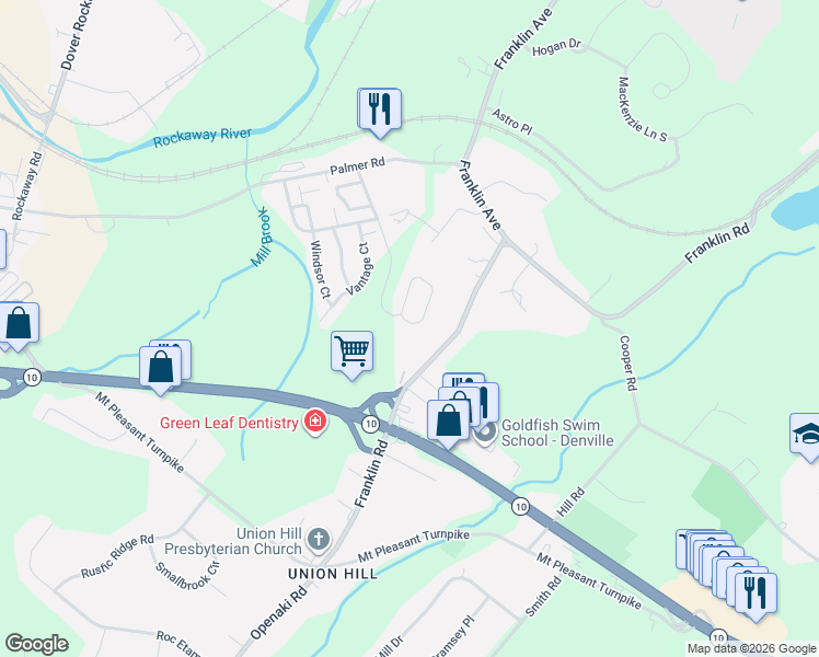 map of restaurants, bars, coffee shops, grocery stores, and more near 3701 Scenic Court in Denville