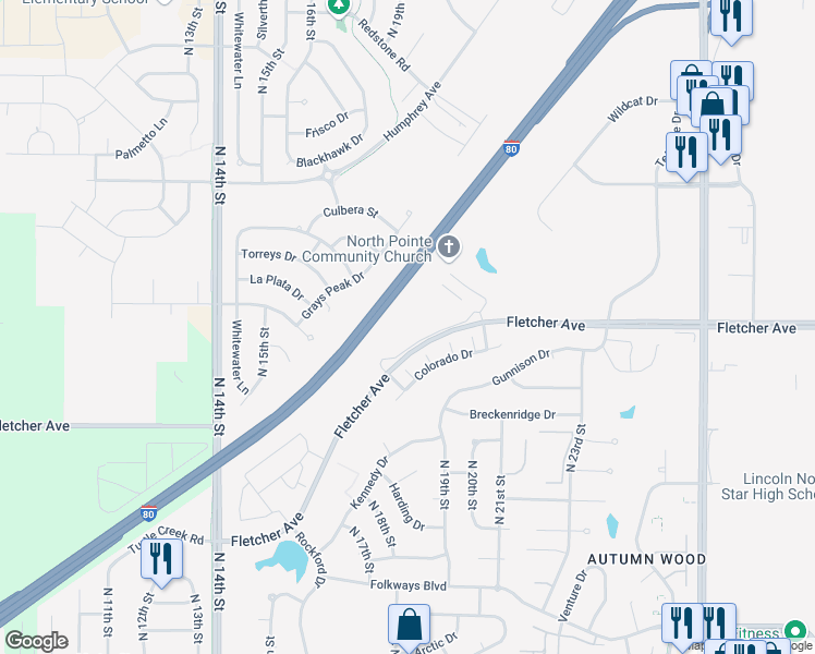map of restaurants, bars, coffee shops, grocery stores, and more near 2080 Fletcher Avenue in Lincoln
