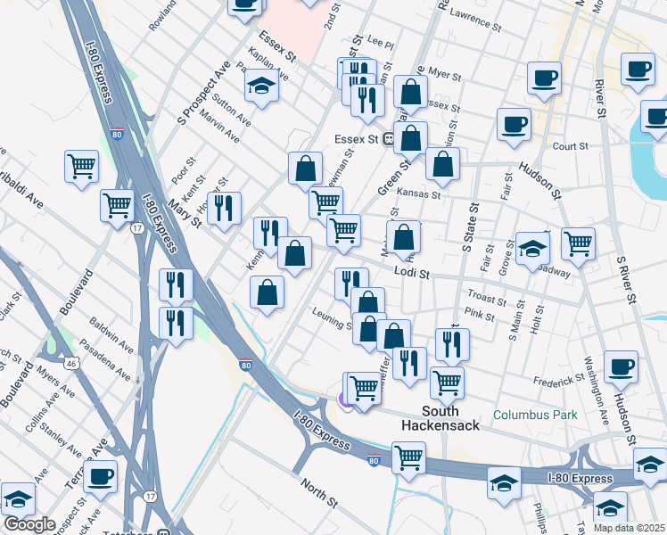 map of restaurants, bars, coffee shops, grocery stores, and more near 277 Lodi Street in Hackensack