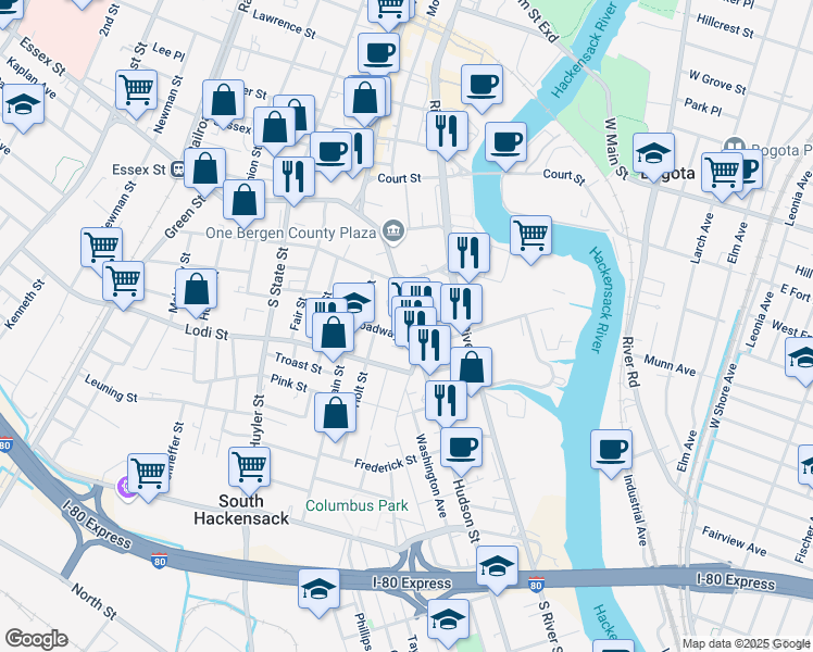 map of restaurants, bars, coffee shops, grocery stores, and more near 131 Hudson Street in Hackensack