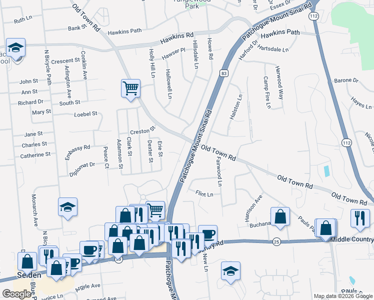 map of restaurants, bars, coffee shops, grocery stores, and more near 1 Freemont Lane in Coram