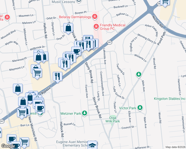 map of restaurants, bars, coffee shops, grocery stores, and more near 33 Long Street in Lake Grove