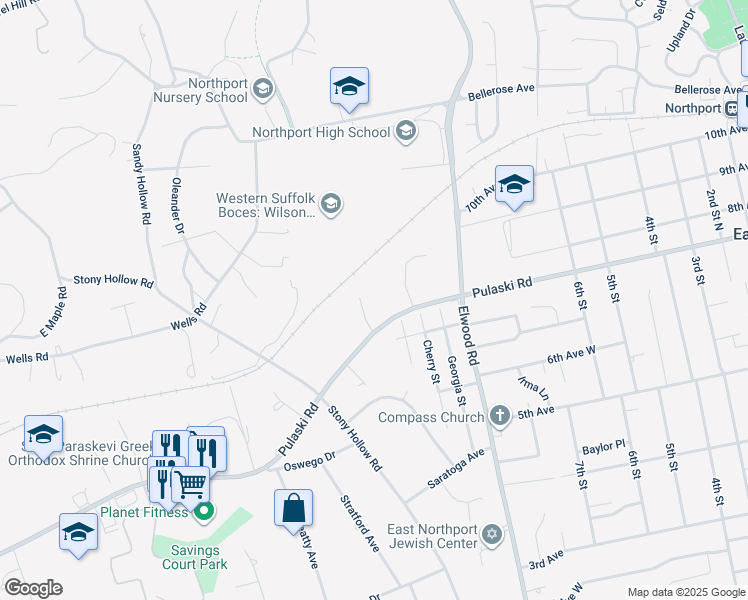 map of restaurants, bars, coffee shops, grocery stores, and more near 6 Stony Hollow Court in Greenlawn
