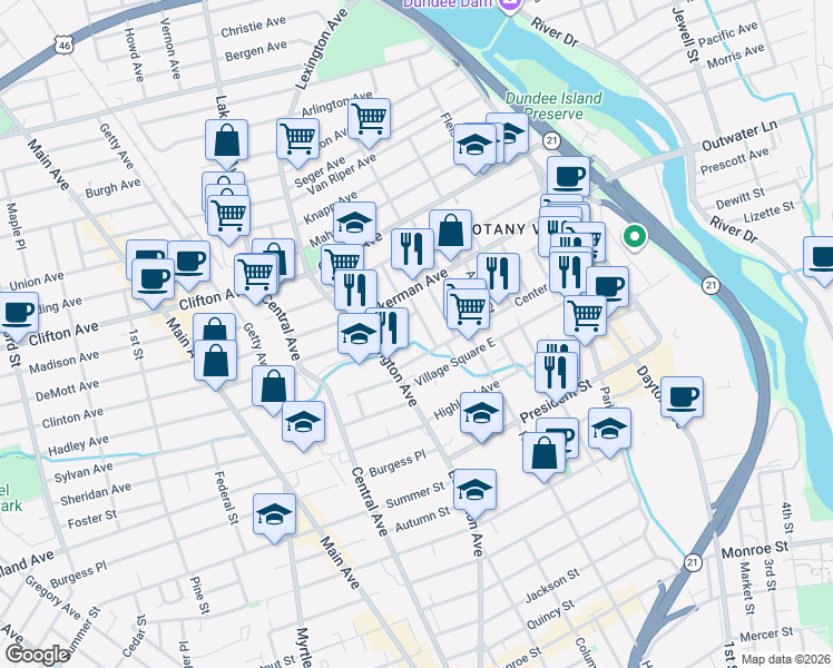 map of restaurants, bars, coffee shops, grocery stores, and more near 32 Milosh Street in Clifton