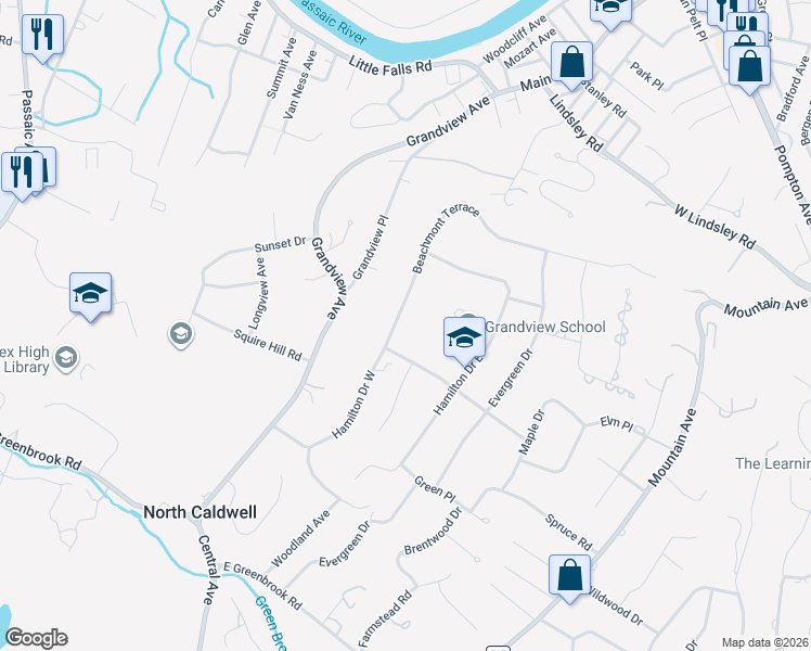 map of restaurants, bars, coffee shops, grocery stores, and more near 69 Beachmont Terrace in Caldwell