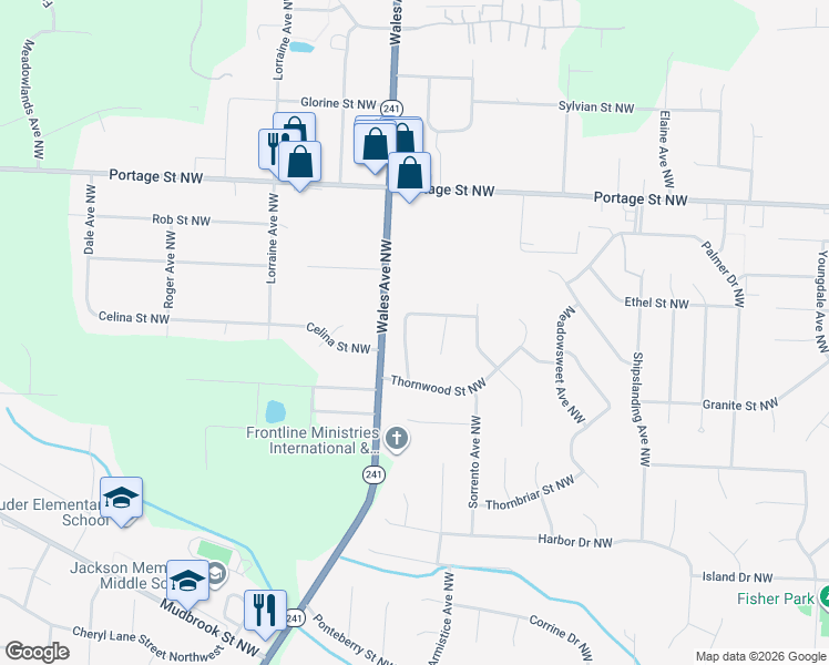 map of restaurants, bars, coffee shops, grocery stores, and more near 6484 Weston Avenue Northwest in Canton