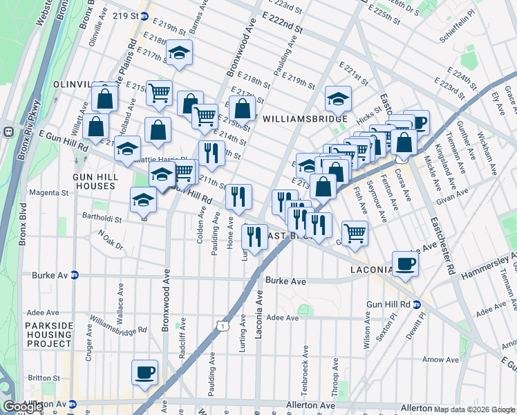 map of restaurants, bars, coffee shops, grocery stores, and more near 1065 East 211th Street in The Bronx