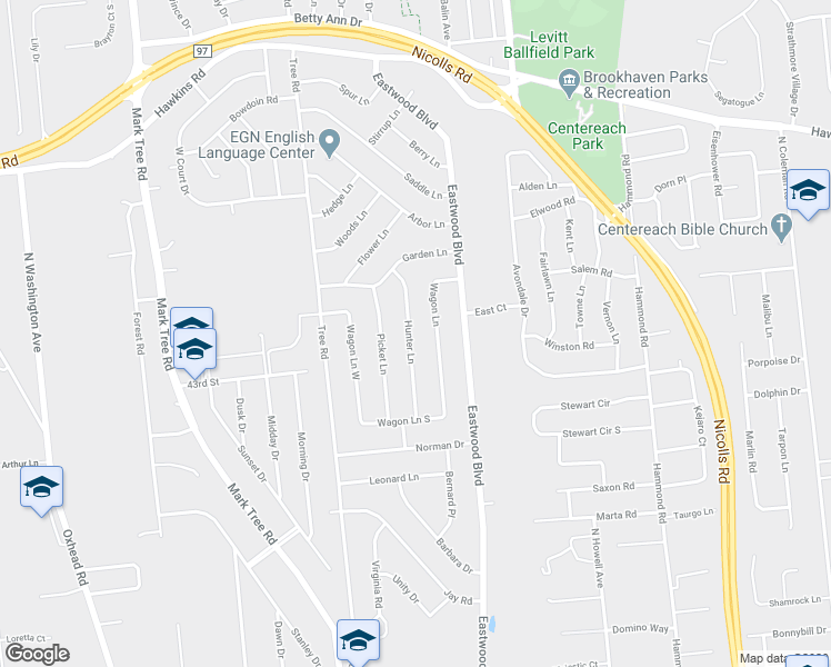 map of restaurants, bars, coffee shops, grocery stores, and more near 42 Hunter Lane in Centereach