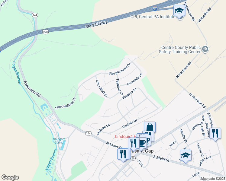 map of restaurants, bars, coffee shops, grocery stores, and more near 112 Gwenedd Court in Bellefonte