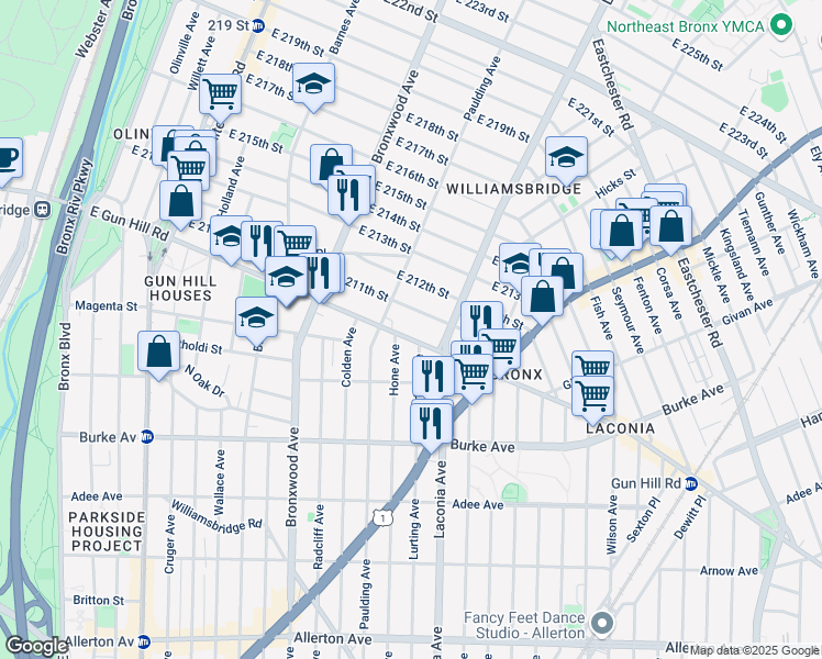 map of restaurants, bars, coffee shops, grocery stores, and more near 1014 East 211th Street in Bronx