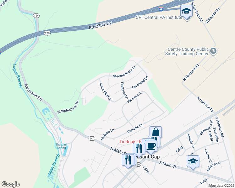 map of restaurants, bars, coffee shops, grocery stores, and more near 112 Gwenedd Court in Bellefonte