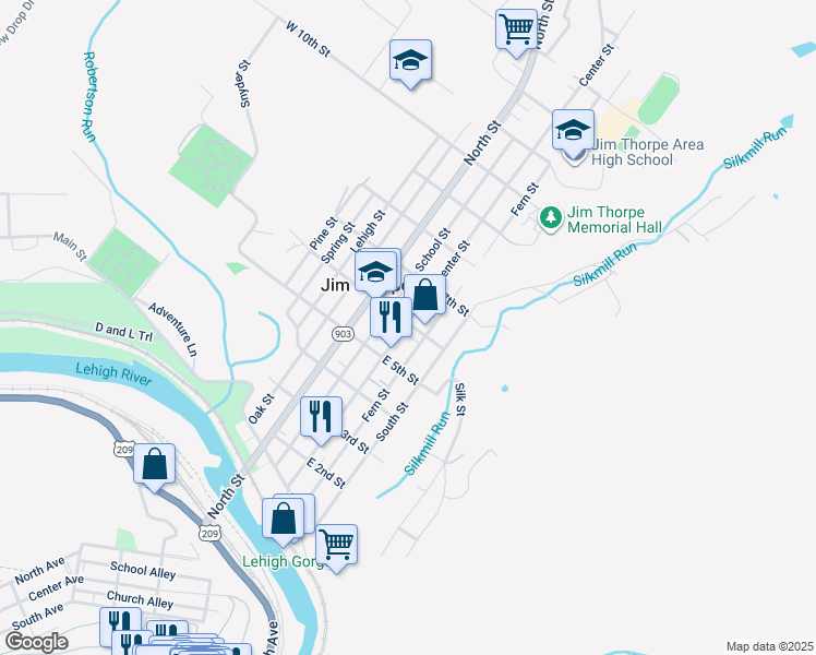 map of restaurants, bars, coffee shops, grocery stores, and more near 530 Center Street in Jim Thorpe