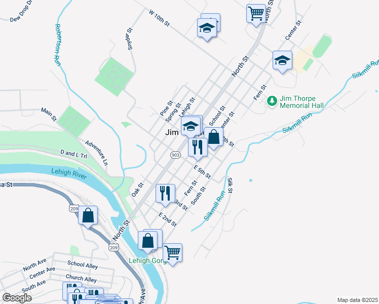 map of restaurants, bars, coffee shops, grocery stores, and more near School Street in Jim Thorpe