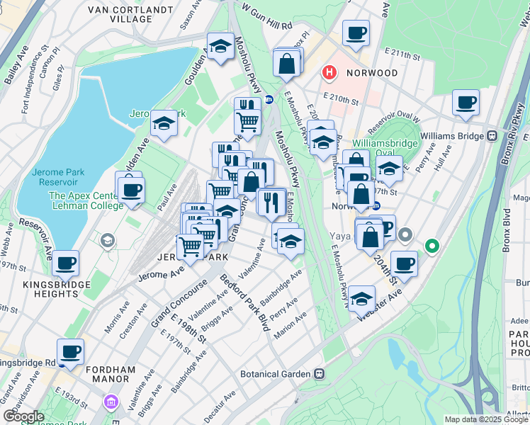 map of restaurants, bars, coffee shops, grocery stores, and more near 229 East 204th Street in Bronx
