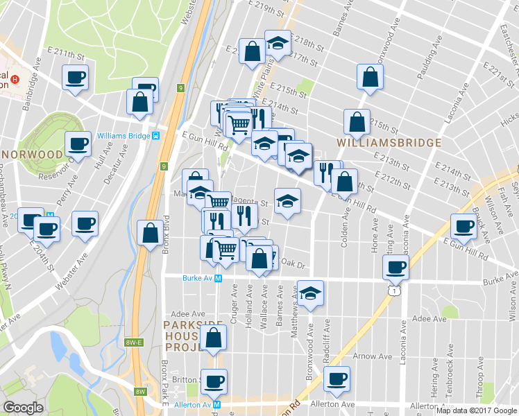 map of restaurants, bars, coffee shops, grocery stores, and more near 758 Magenta Street in Bronx