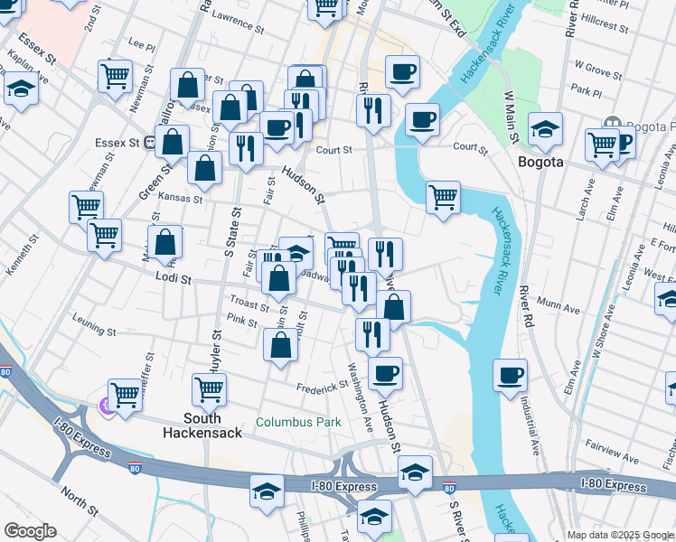 map of restaurants, bars, coffee shops, grocery stores, and more near 123 Hudson Street in Hackensack