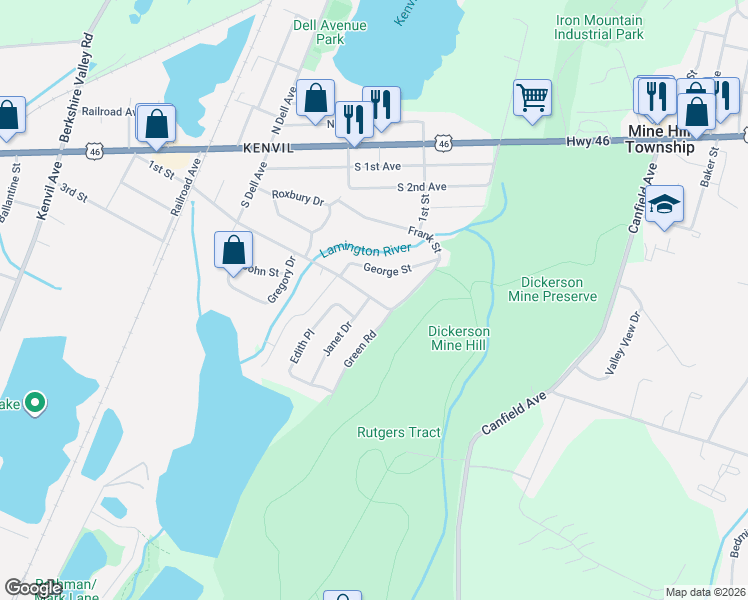 map of restaurants, bars, coffee shops, grocery stores, and more near 13 Dickerson Mine Road in Mine Hill Township