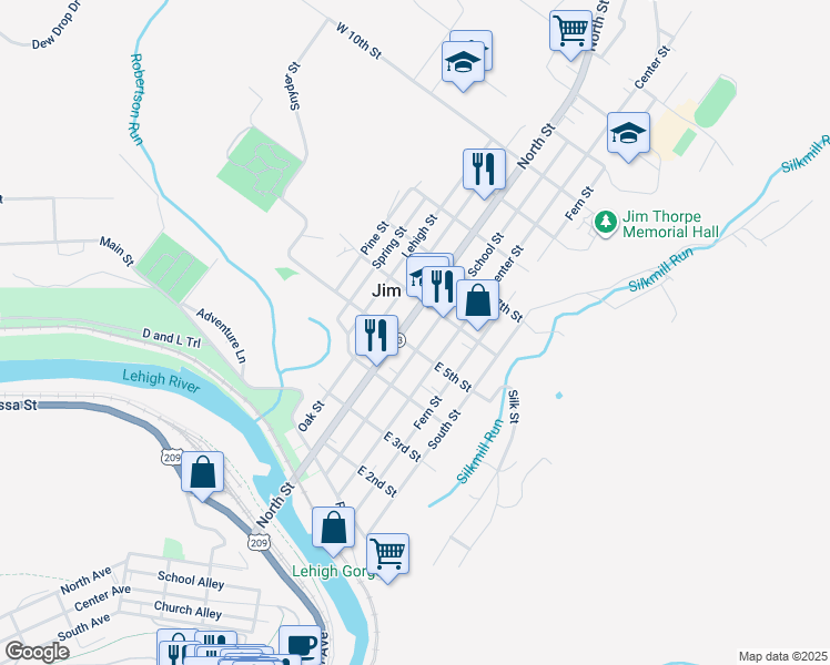 map of restaurants, bars, coffee shops, grocery stores, and more near 510 North Street in Jim Thorpe