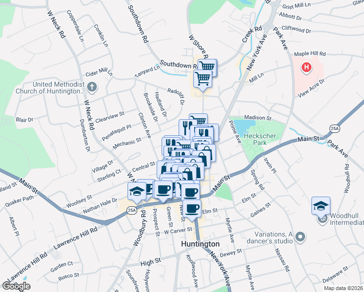 map of restaurants, bars, coffee shops, grocery stores, and more near 101 Wall Street in Huntington