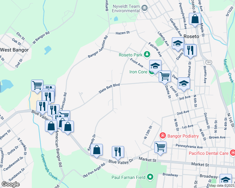 map of restaurants, bars, coffee shops, grocery stores, and more near 205 Kennedy Drive in Bangor