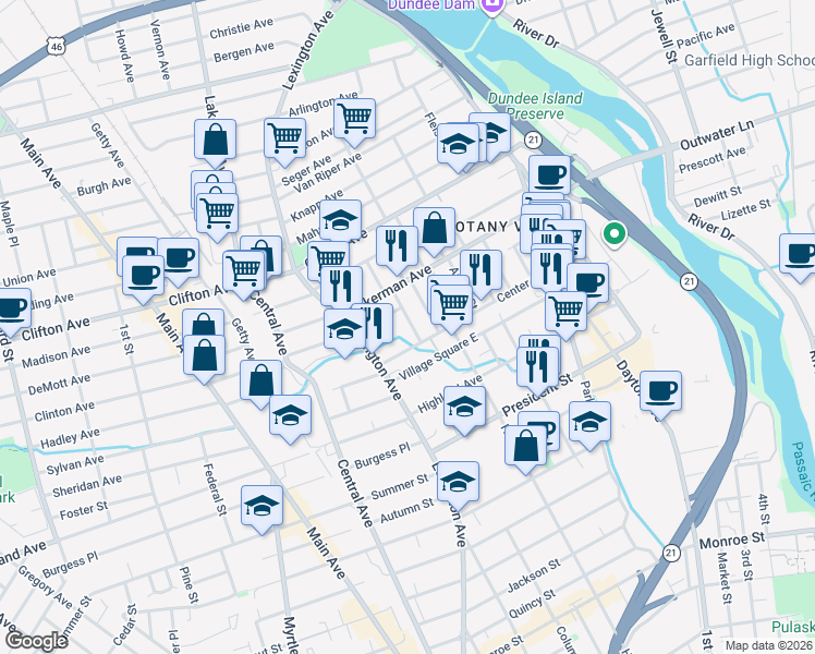 map of restaurants, bars, coffee shops, grocery stores, and more near 32 Milosh Street in Clifton