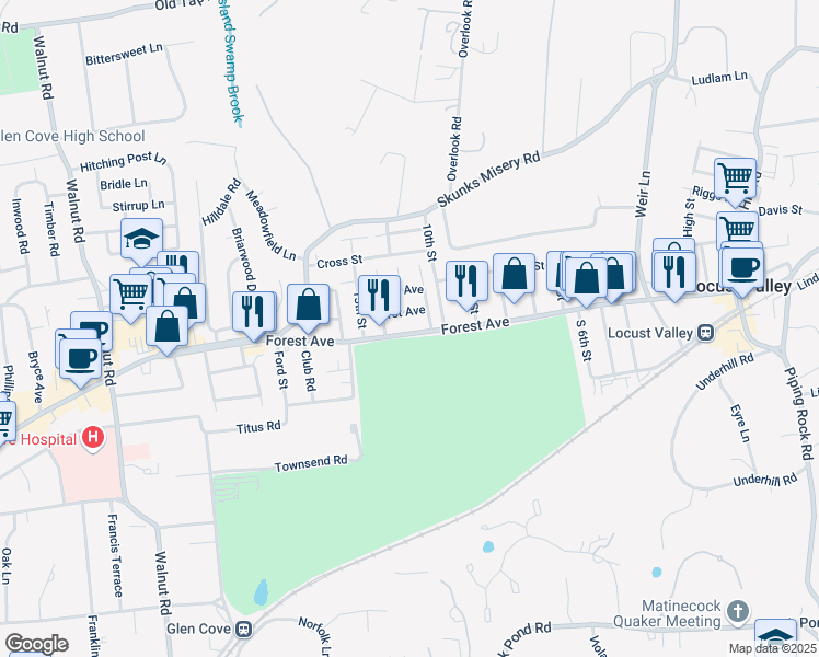 map of restaurants, bars, coffee shops, grocery stores, and more near 350 Forest Avenue in Locust Valley