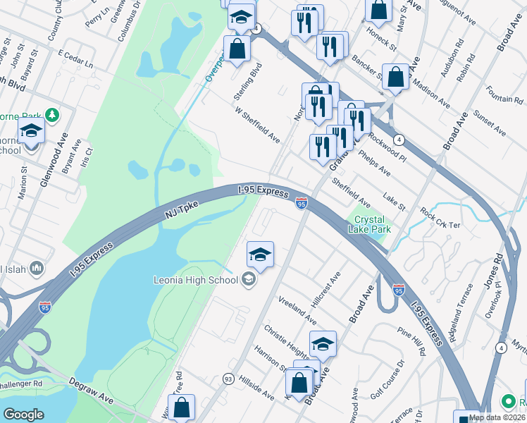 map of restaurants, bars, coffee shops, grocery stores, and more near 13A Lakeview Avenue in Leonia