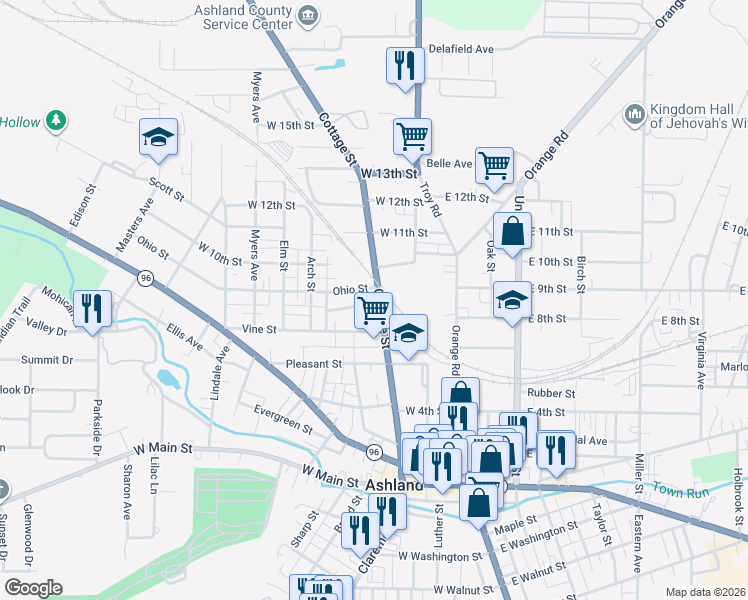 map of restaurants, bars, coffee shops, grocery stores, and more near 808 Cottage Street in Ashland