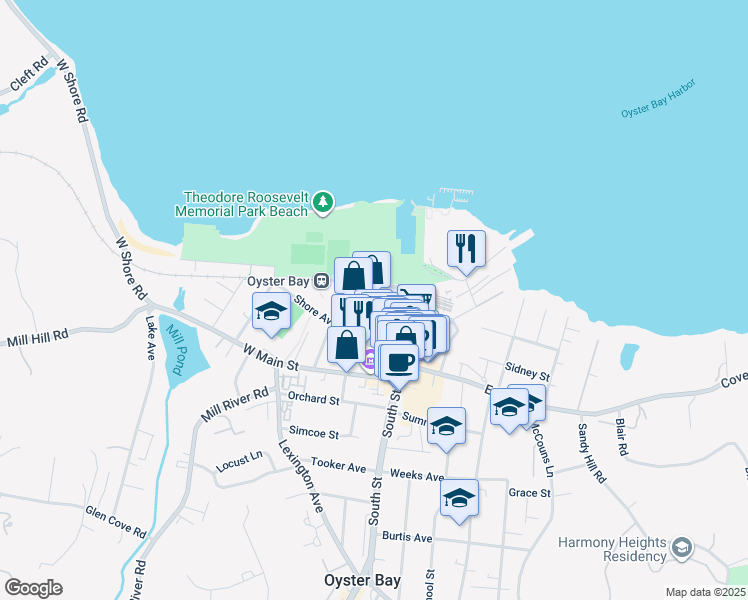 map of restaurants, bars, coffee shops, grocery stores, and more near 120 Audrey Avenue in Oyster Bay