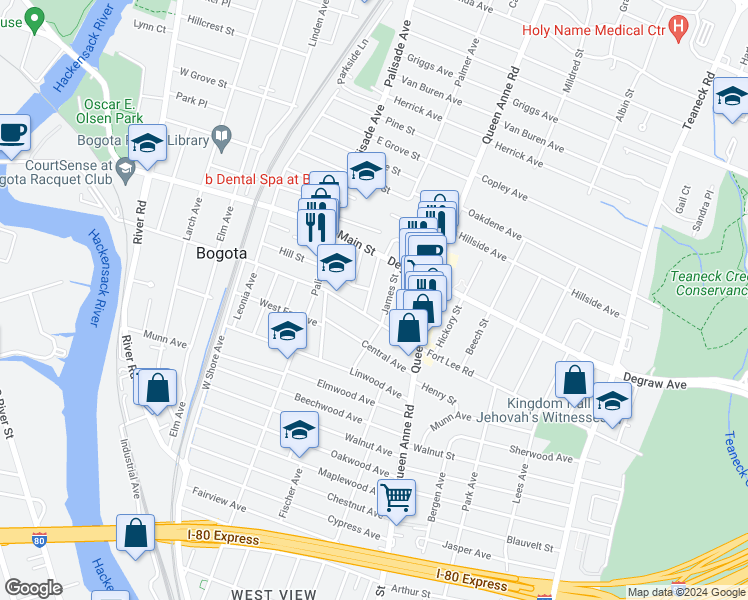 map of restaurants, bars, coffee shops, grocery stores, and more near 289 Crestview Place in Teaneck