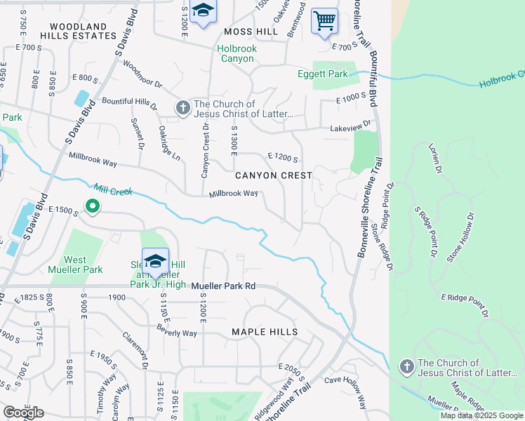 map of restaurants, bars, coffee shops, grocery stores, and more near 1390 Millbrook Way in Bountiful