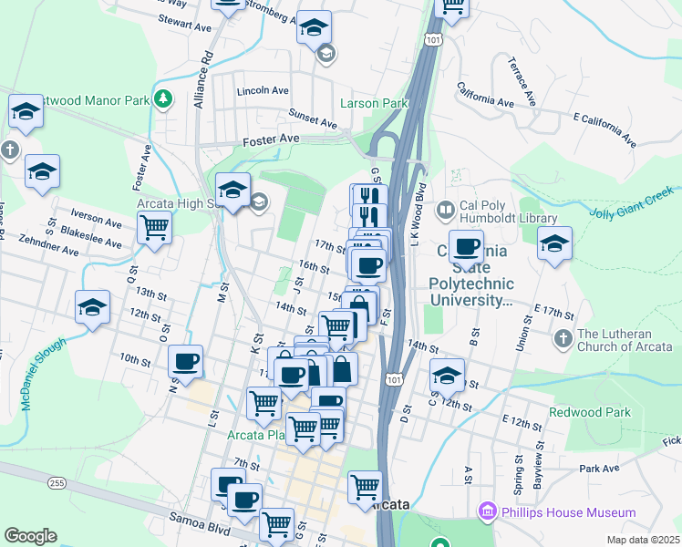 map of restaurants, bars, coffee shops, grocery stores, and more near 1650 H Street in Arcata