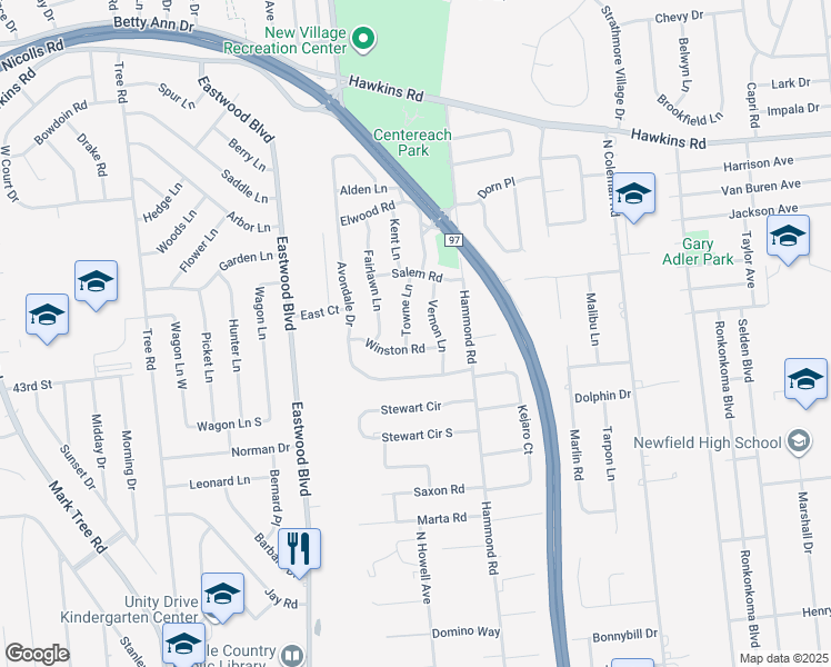 map of restaurants, bars, coffee shops, grocery stores, and more near 15 Towne Lane in Centereach