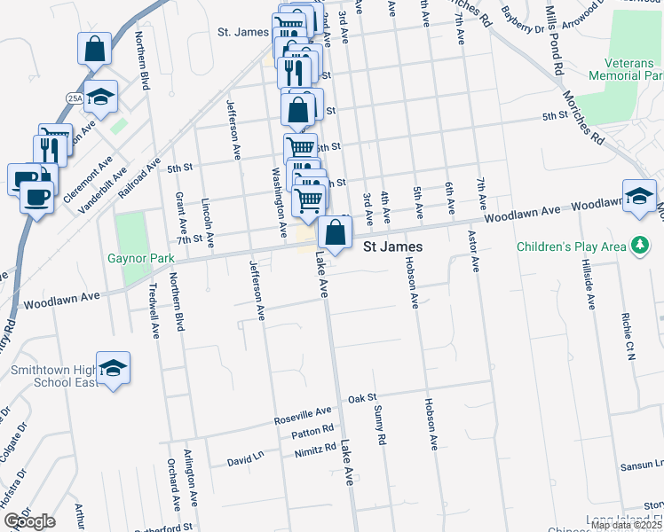 map of restaurants, bars, coffee shops, grocery stores, and more near 213 Lake Avenue in Saint James