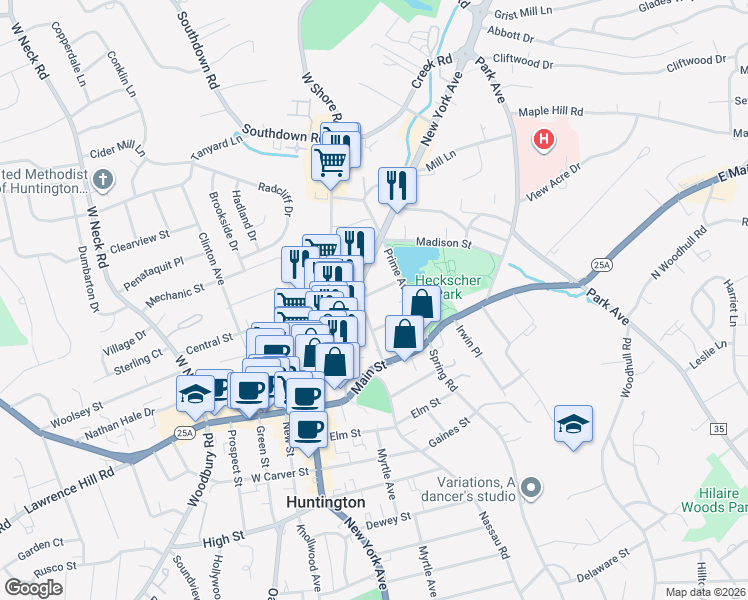 map of restaurants, bars, coffee shops, grocery stores, and more near 11 Lake Place in Huntington