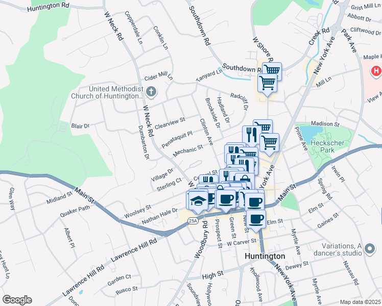 map of restaurants, bars, coffee shops, grocery stores, and more near 25 Mechanic Street in Huntington