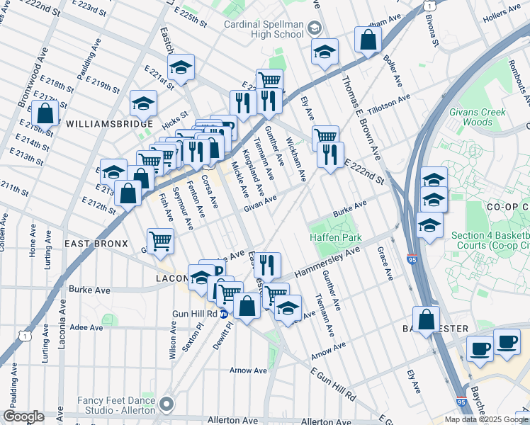 map of restaurants, bars, coffee shops, grocery stores, and more near 1618 Givan Avenue in Bronx