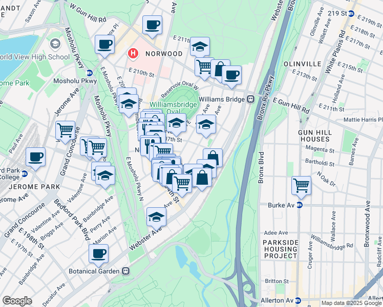 map of restaurants, bars, coffee shops, grocery stores, and more near 3216 Perry Avenue in The Bronx