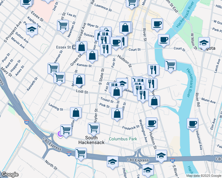 map of restaurants, bars, coffee shops, grocery stores, and more near 76 Broadway in Hackensack