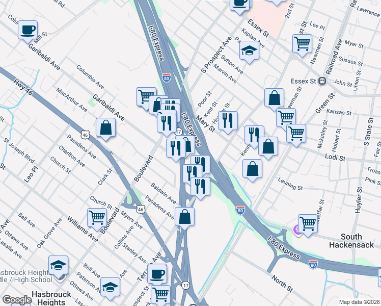 map of restaurants, bars, coffee shops, grocery stores, and more near 280 Vincent Avenue in Hackensack