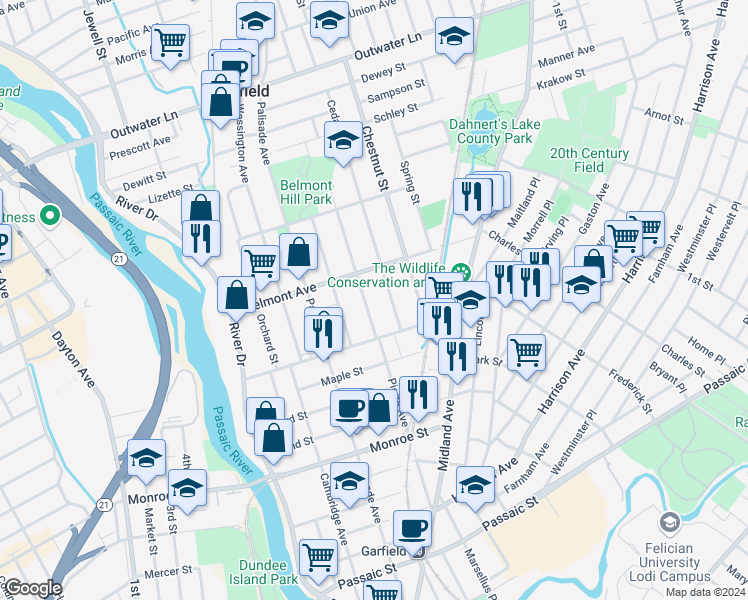 map of restaurants, bars, coffee shops, grocery stores, and more near 184 Pierre Avenue in Garfield