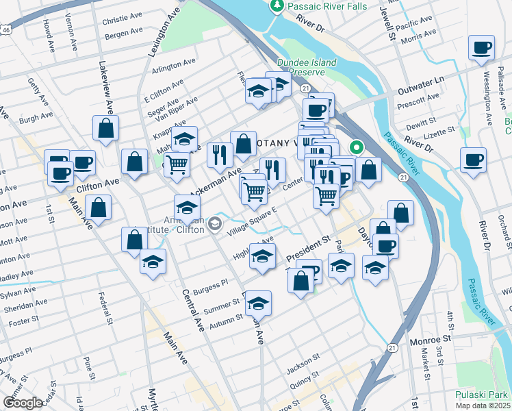 map of restaurants, bars, coffee shops, grocery stores, and more near 75 Center Street in Clifton
