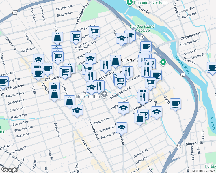 map of restaurants, bars, coffee shops, grocery stores, and more near 32 Milosh Street in Clifton