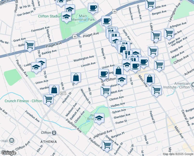 map of restaurants, bars, coffee shops, grocery stores, and more near 180 Harding Avenue in Clifton