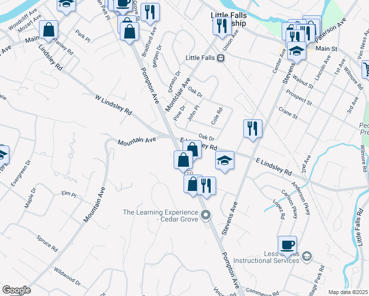 map of restaurants, bars, coffee shops, grocery stores, and more near 25 East Lindsley Road in Cedar Grove