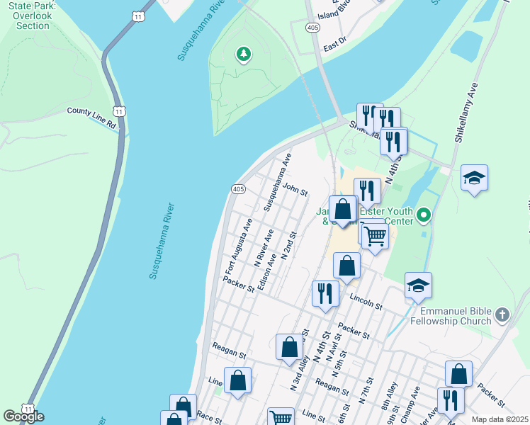 map of restaurants, bars, coffee shops, grocery stores, and more near 1100-1198 Fort Augusta Ave in Sunbury