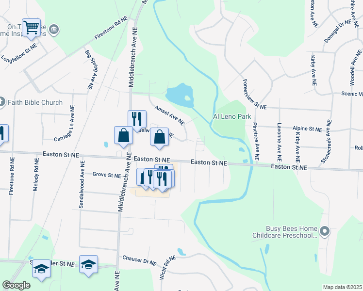 map of restaurants, bars, coffee shops, grocery stores, and more near 2736 Edelweiss Street Northeast in Canton