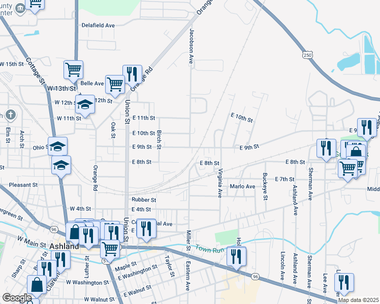 map of restaurants, bars, coffee shops, grocery stores, and more near 350 East 9th Street in Ashland